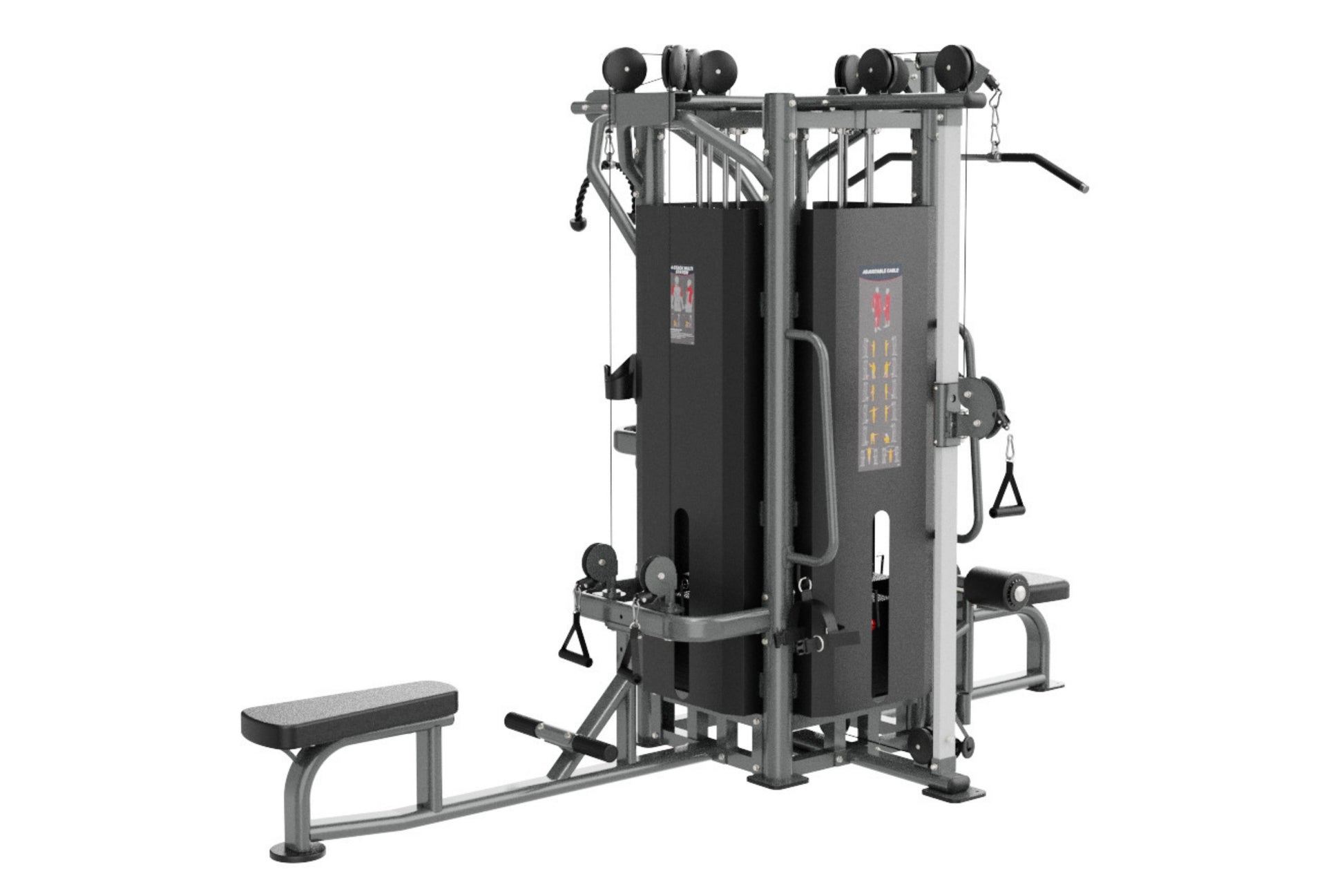 Warrior Deluxe Commercial Series 4-stack multi-station gym with black padding, gray metal frame, weight stacks, and bench att