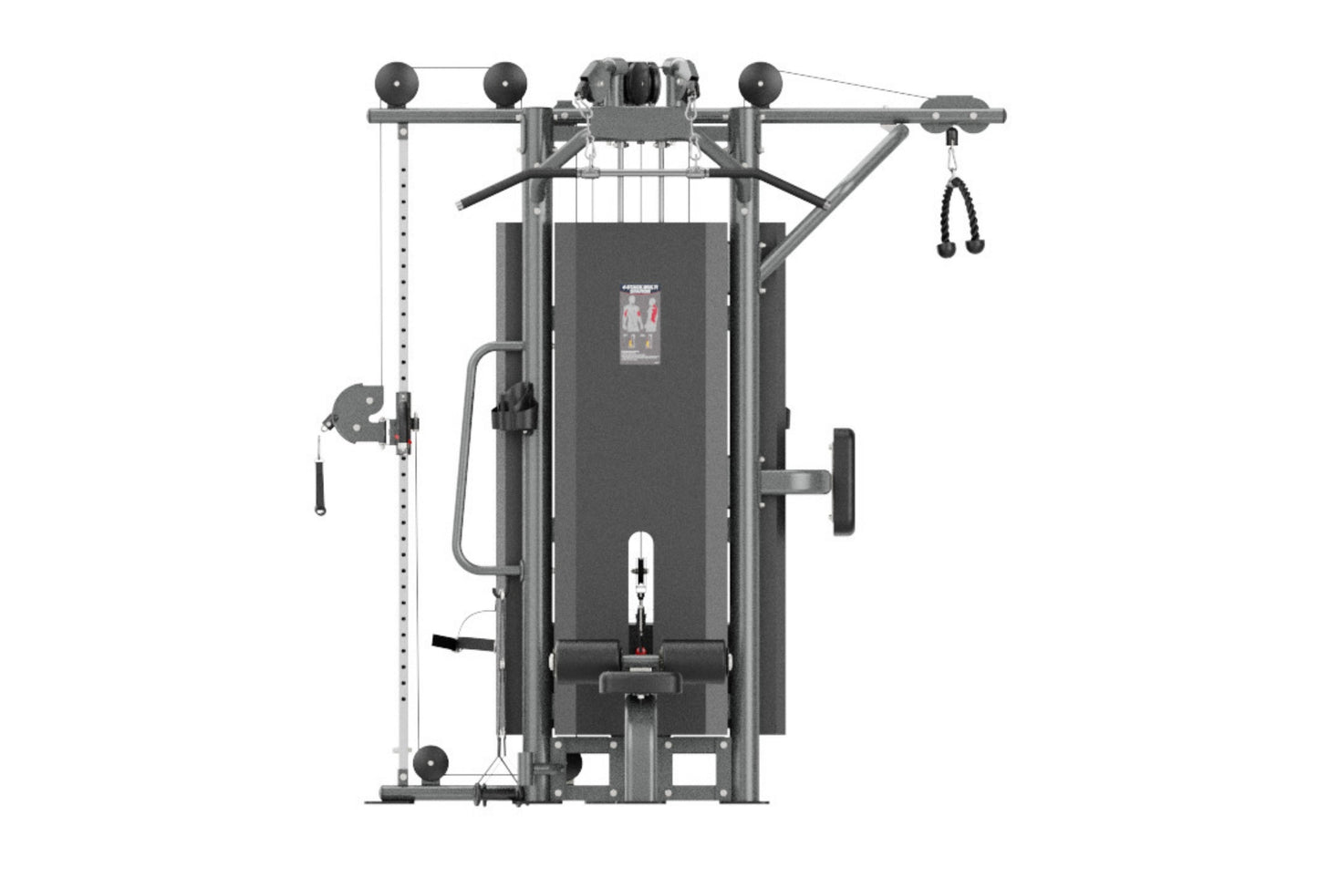 Warrior Deluxe Commercial Series 4-Stack Multi-Station Gym with gray metal frame, cable pulley system, and weight stack stati