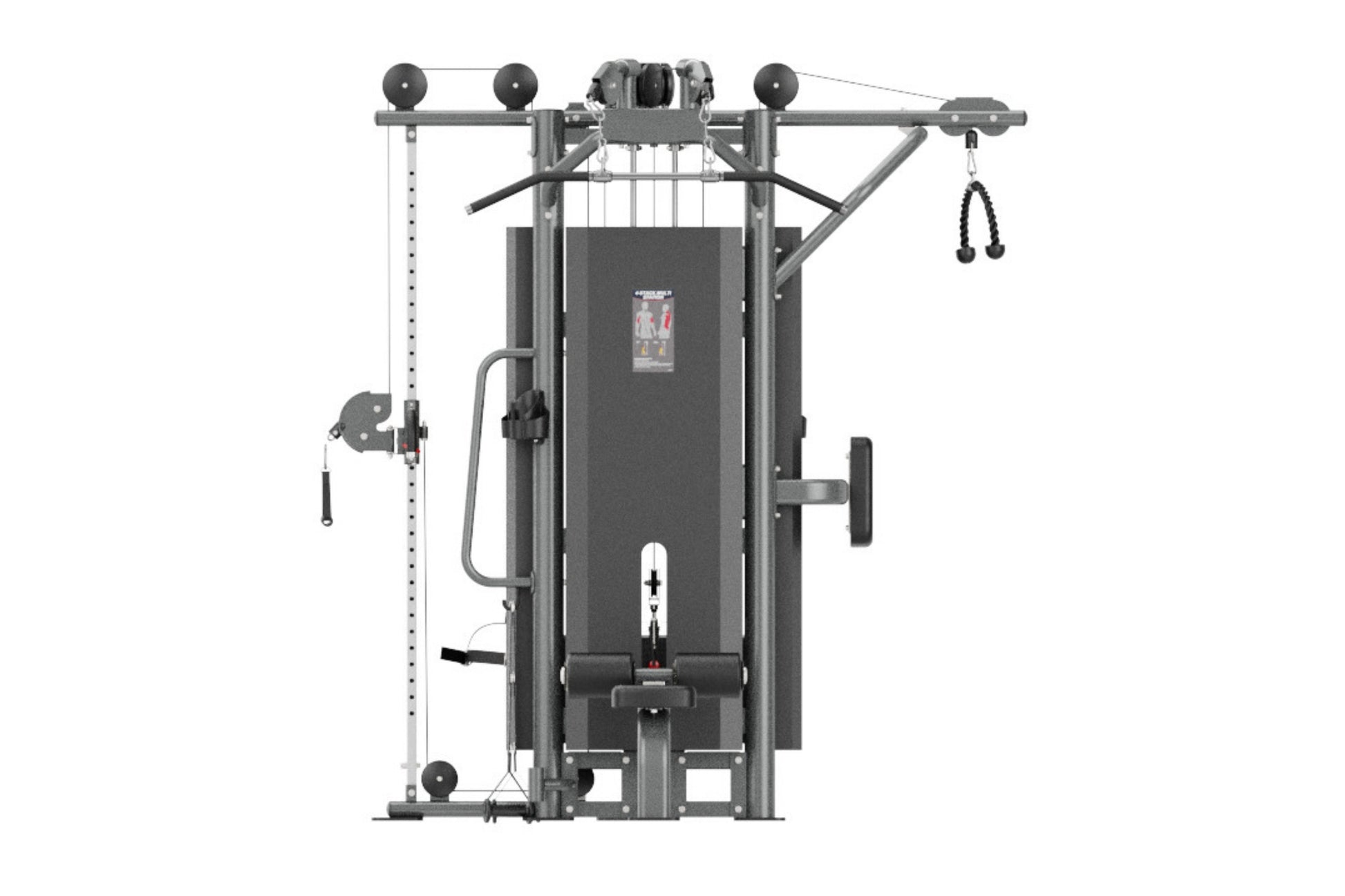 Warrior Deluxe Commercial Series 4-Stack Multi-Station Gym with gray metal frame, cable pulley system, and weight stack stati
