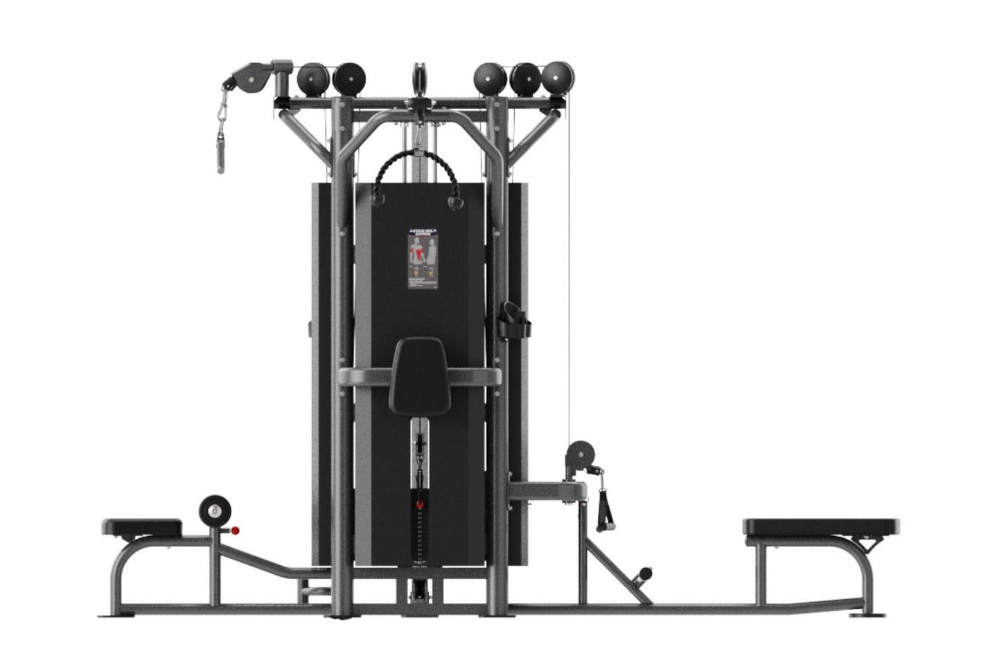 Black multi-station gym equipment with gray metal frame, featuring central chest press, side leg extension, cable machine, an