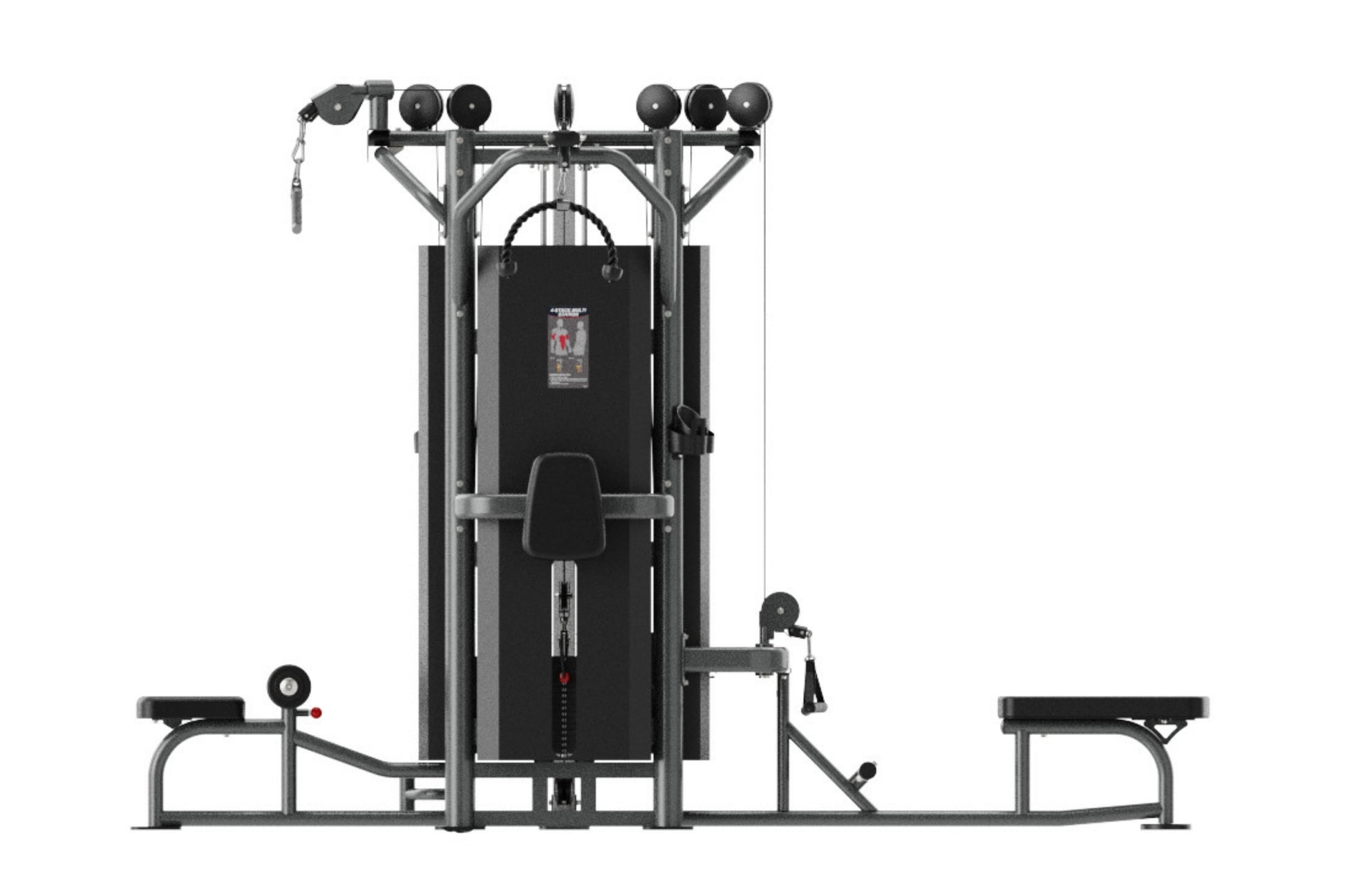 Black multi-station gym equipment with gray metal frame, featuring central chest press, side leg extension, cable machine, an