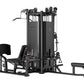 Black multi-station home gym with four weight stacks, cable pulleys, leg press, and adjustable bench on white background