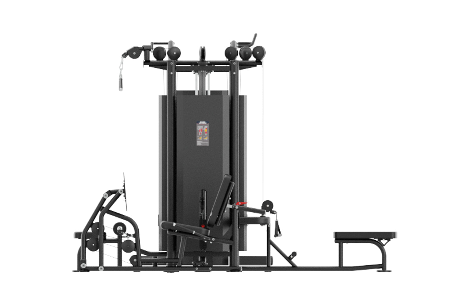 Black multi-station gym equipment with five stacked weight stations, pulleys, and leg press attachment on white background