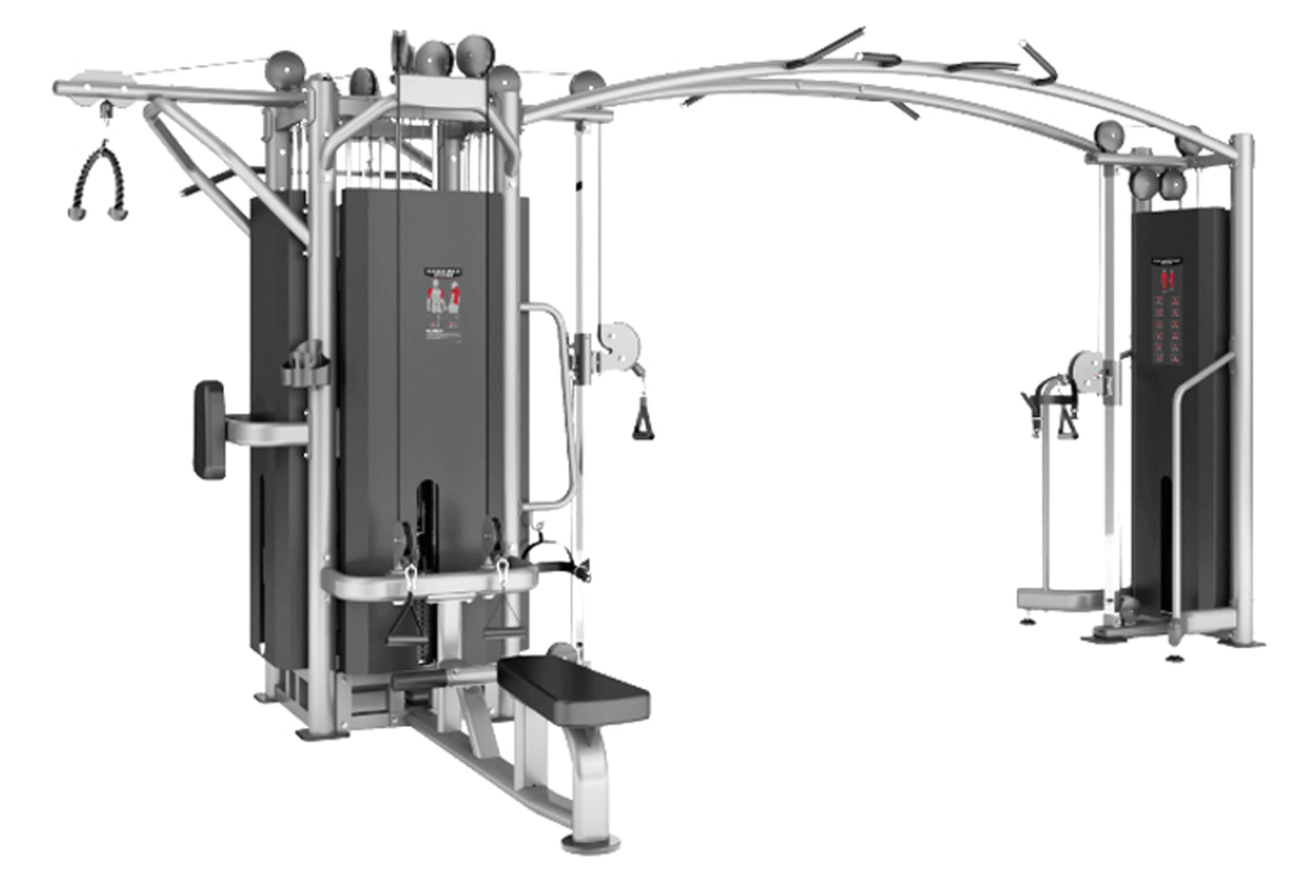Warrior Deluxe Commercial Series 5-Stack Multi-Station Gym with black upholstered columns, silver metal frame, and multiple e