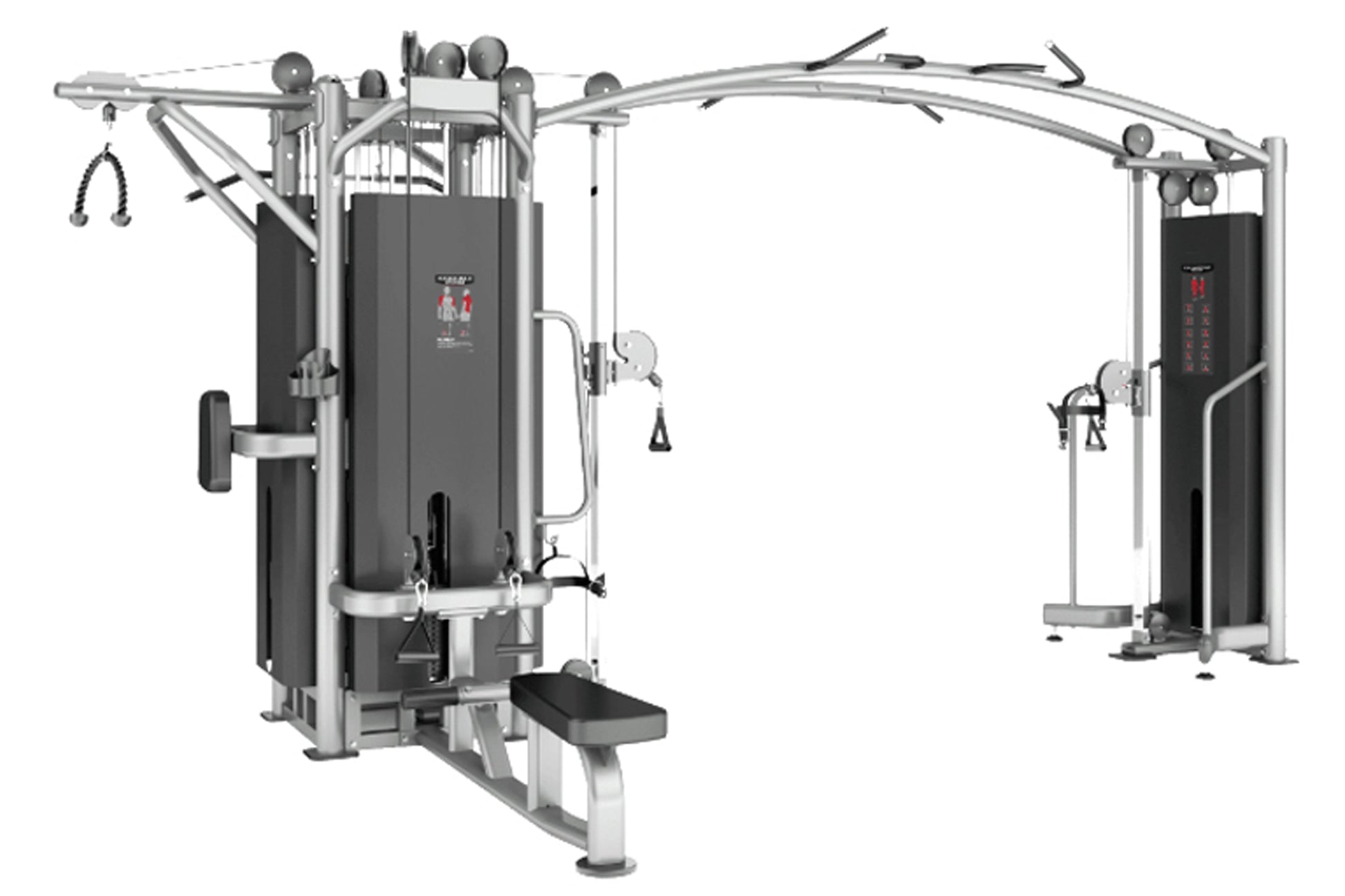 Warrior Deluxe Commercial Series 5-Stack Multi-Station Gym with black upholstered columns, silver metal frame, and multiple e