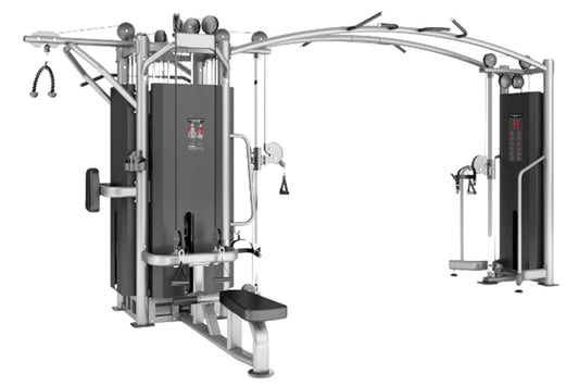 Warrior Deluxe Commercial Series 5-Stack Multi-Station Gym with black upholstered columns, silver metal frame, and multiple e