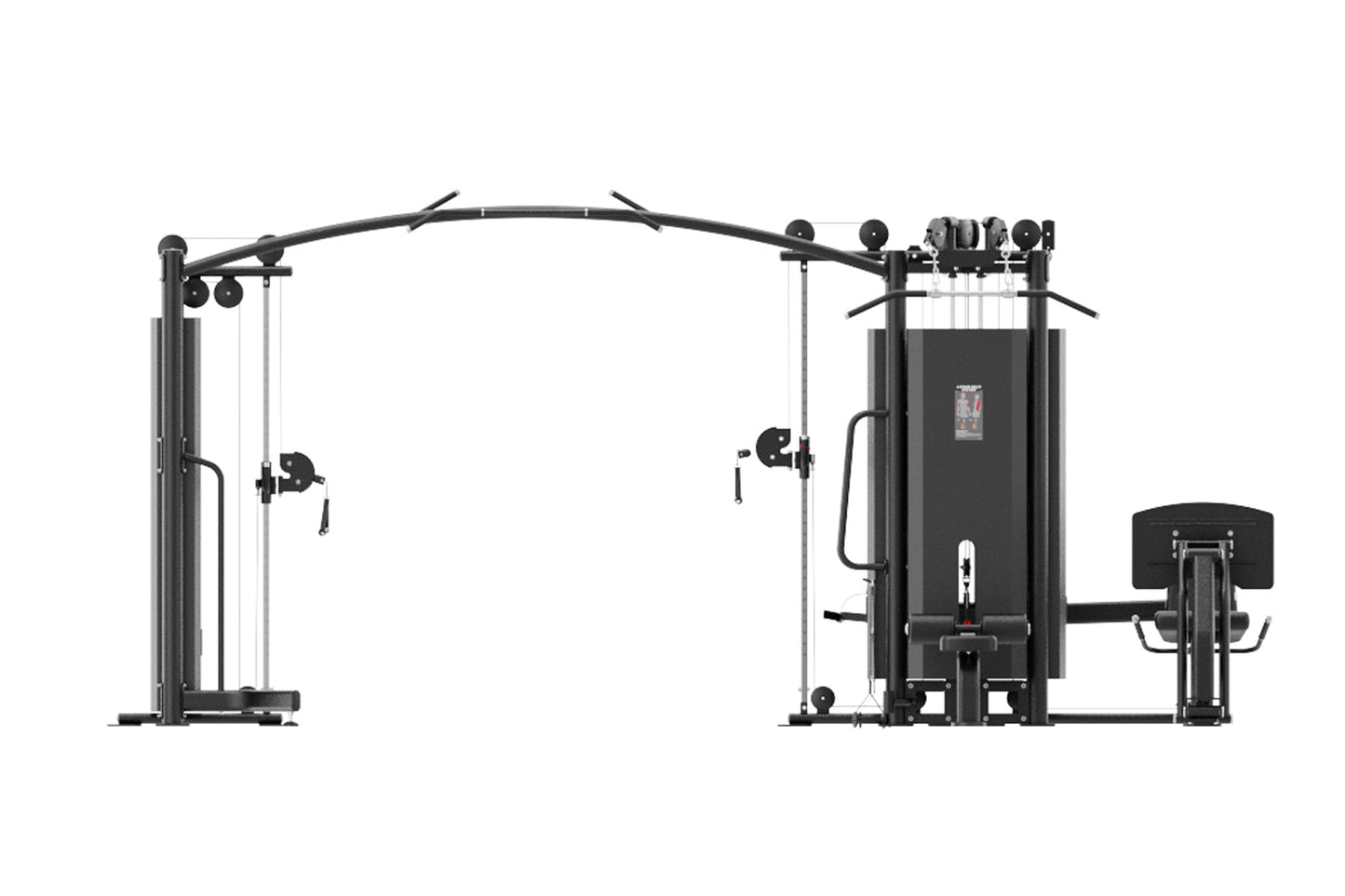 Black multi-station gym equipment with cable machines, weight stacks, and leg press station on white background