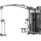 Commercial multi-station gym system with gray and black frame, five weight stacks, cable machines, and adjustable pulleys on 