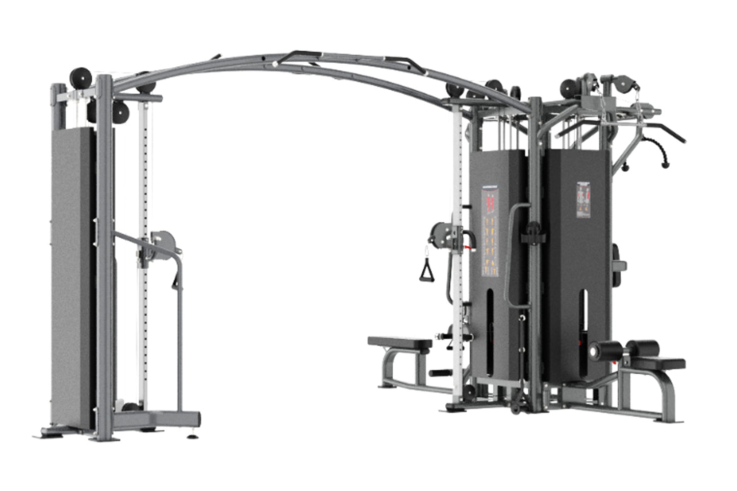 Commercial multi-station gym system with gray and black frame, five weight stacks, cable machines, and adjustable pulleys on 