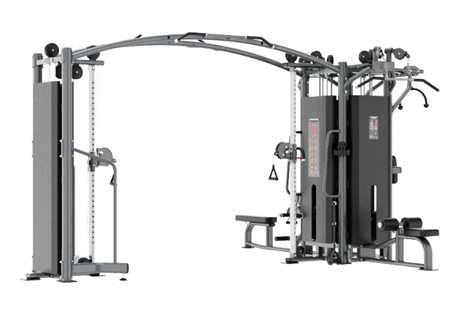 Commercial multi-station gym system with gray and black frame, five weight stacks, cable machines, and adjustable pulleys on 