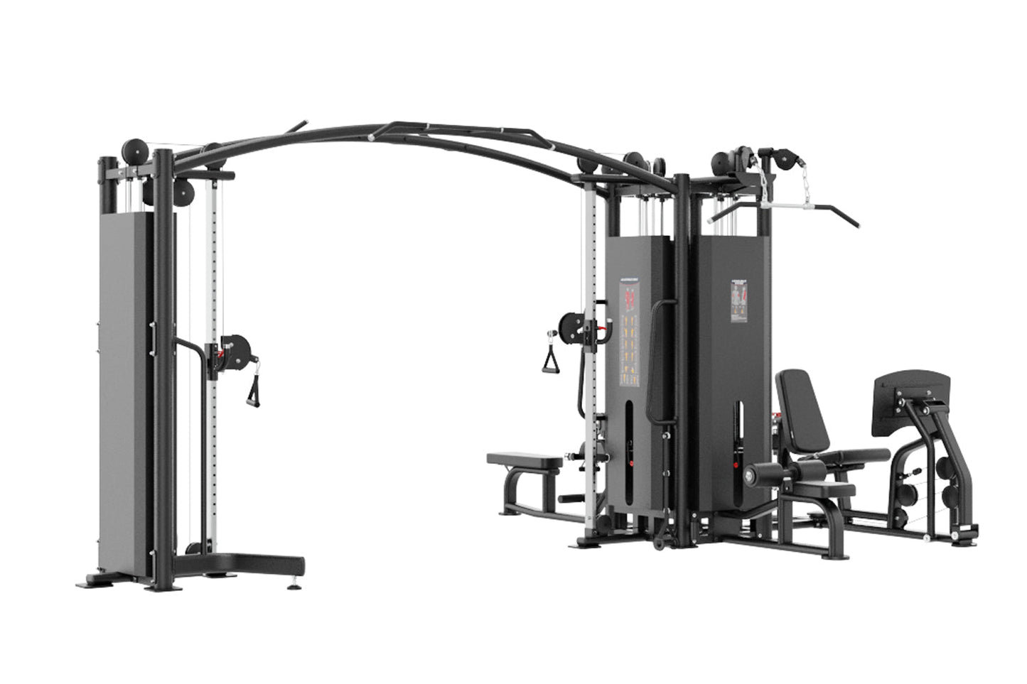 Multi-station gym equipment with black metal frame, gray padding, cable machines, and leg press attachment on white backgroun