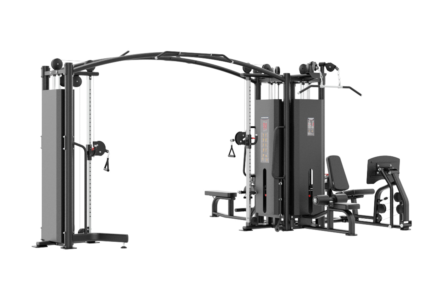 Multi-station gym equipment with black metal frame, gray padding, cable machines, and leg press attachment on white backgroun