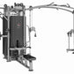 Multi-station gym equipment with gray metal frame, black padded stations, and weight stack cables on white background