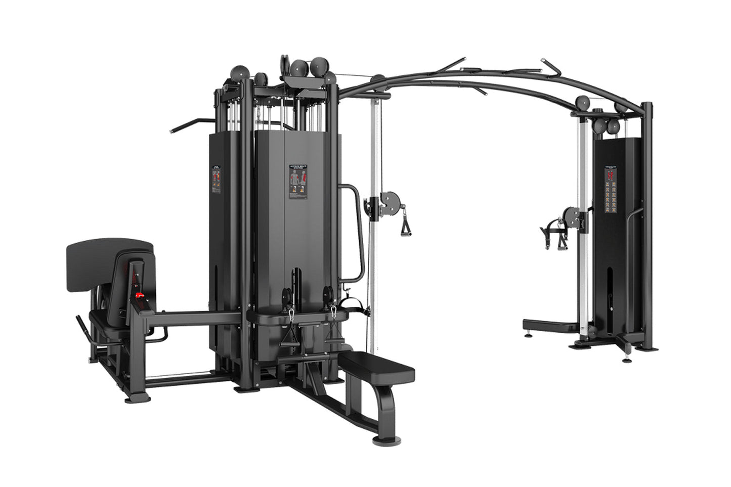 Warrior Pro Commercial Series 5-Stack Multi-Station Gym with black frame and gray panels, featuring multiple exercise station