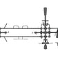 Black multi-station gym equipment with five stacks, horizontal bars, and padded seats on white background, flat lay view