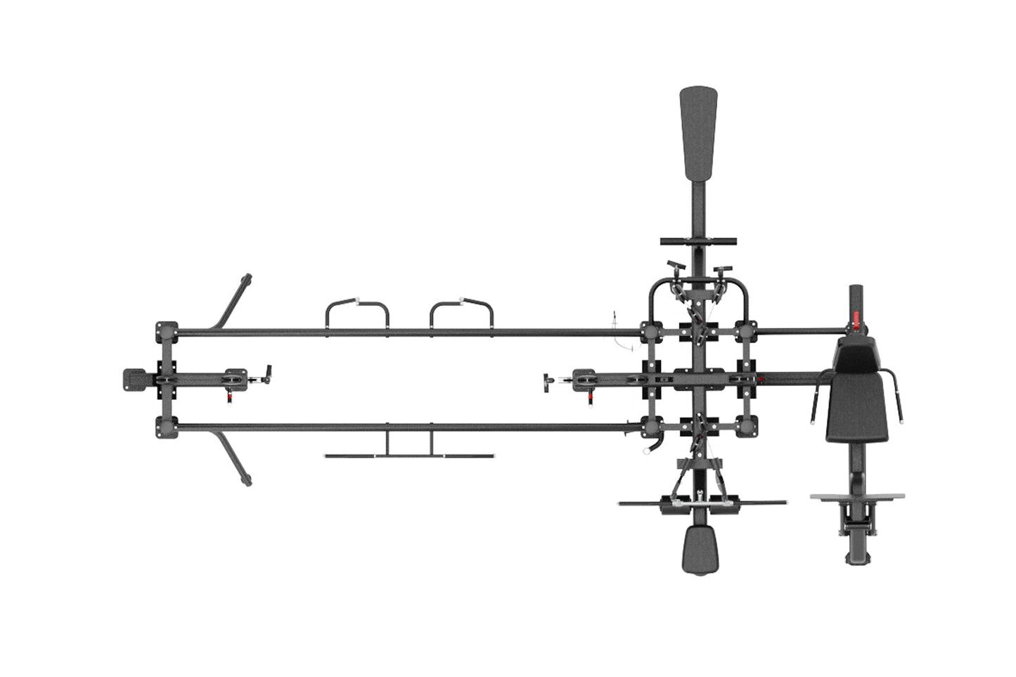 Black multi-station gym equipment with five stacks, horizontal bars, and padded seats on white background, flat lay view