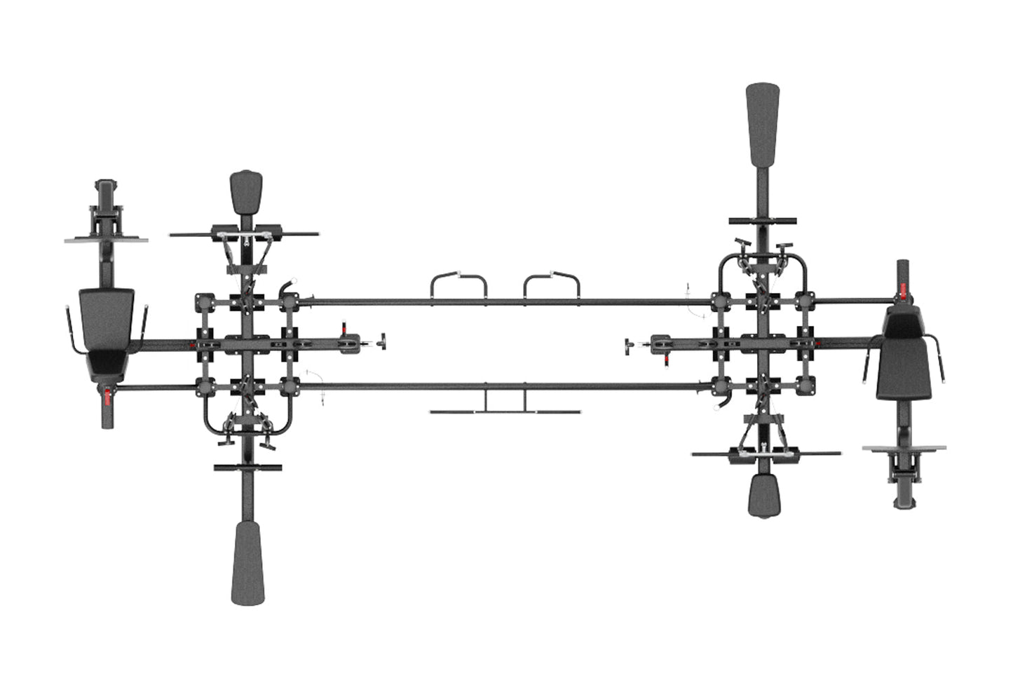Black multi-station gym equipment with eight weight stacks, multiple adjustment handles, and gray padded seats and backrests,
