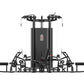 Black commercial multi-station gym equipment with eight weight stacks, cable machines, and leg press attachments on white bac