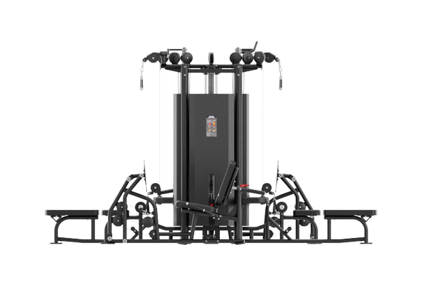 Black commercial multi-station gym equipment with eight weight stacks, cable machines, and leg press attachments on white bac