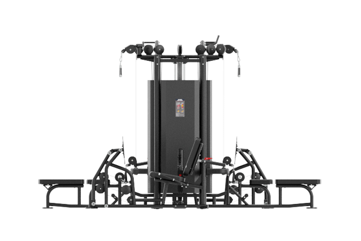 Black commercial multi-station gym equipment with eight weight stacks, cable machines, and leg press attachments on white bac
