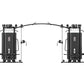 Black commercial multi-station gym equipment with eight weight stacks, cable machines, and padded seats on white background