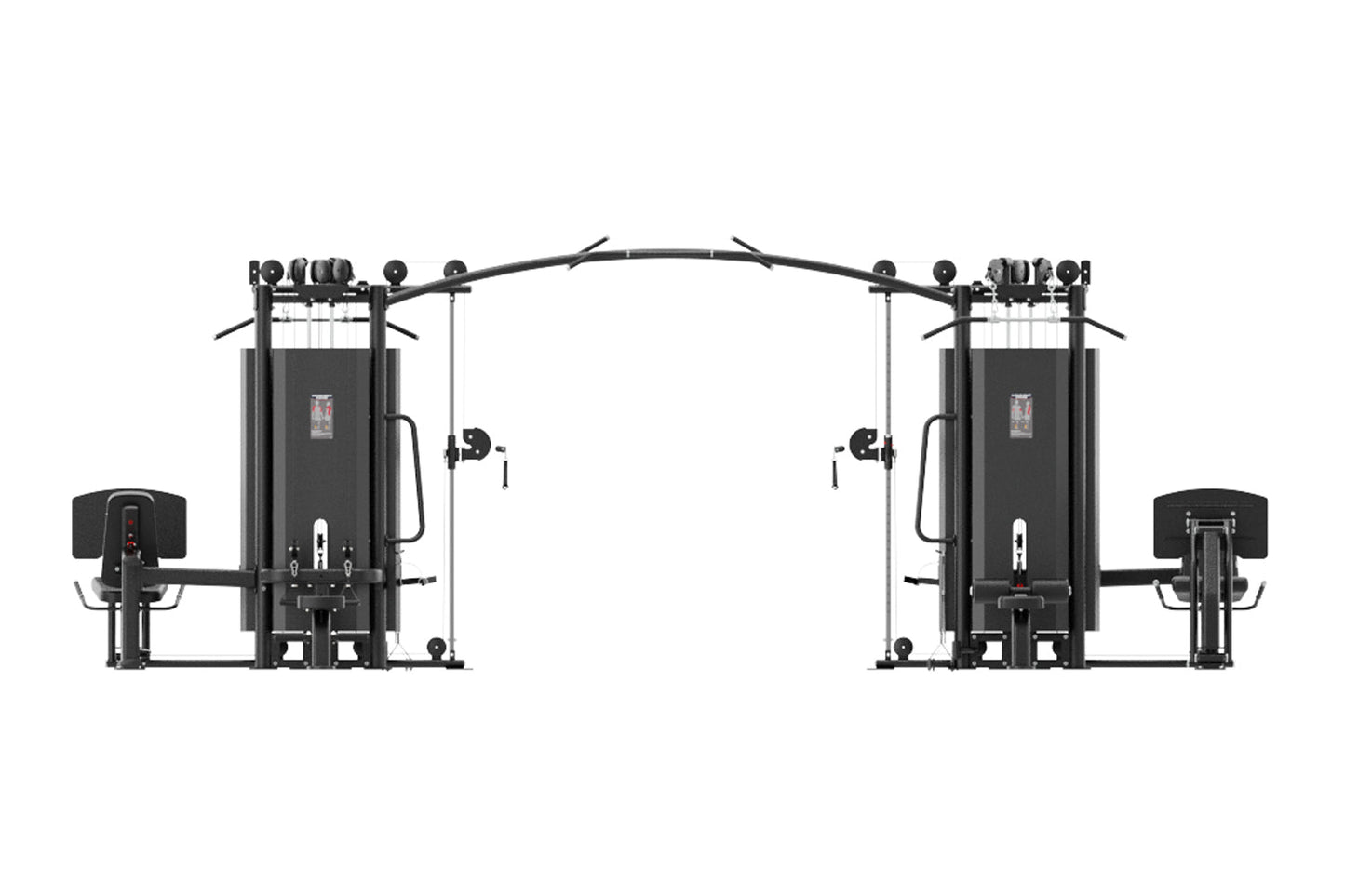 Black commercial multi-station gym equipment with eight weight stacks, cable machines, and padded seats on white background