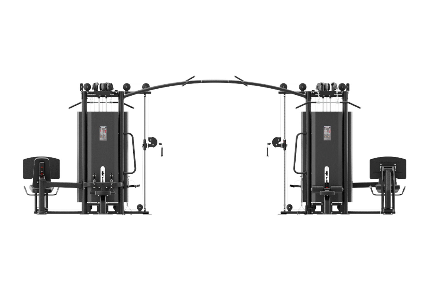 Black commercial multi-station gym equipment with eight weight stacks, cable machines, and padded seats on white background