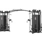 Black multi-station gym equipment with eight exercise stations connected by overhead cable system on white background