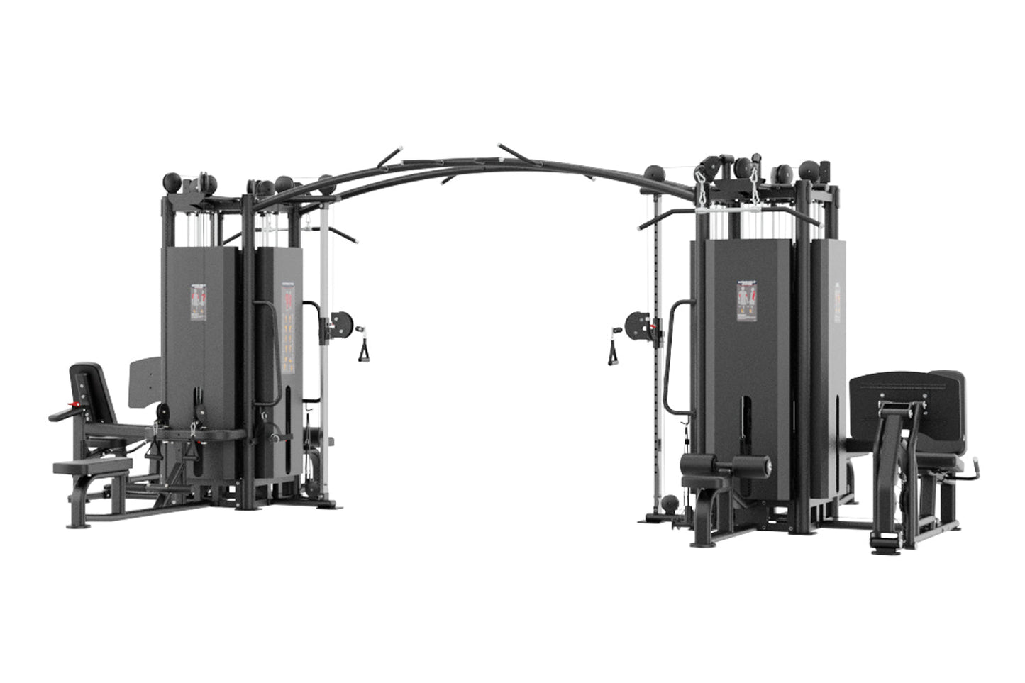 Black multi-station gym equipment with eight exercise stations connected by overhead cable system on white background