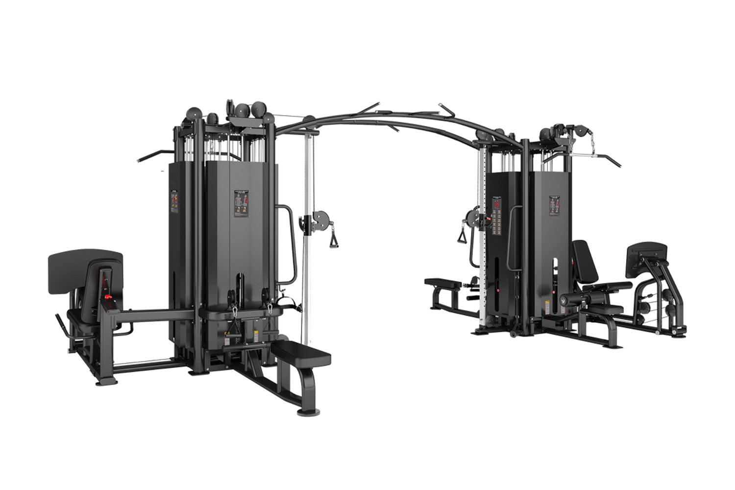 Black multi-station home gym with eight weight stacks, cable machines, and leg press attachment on white background