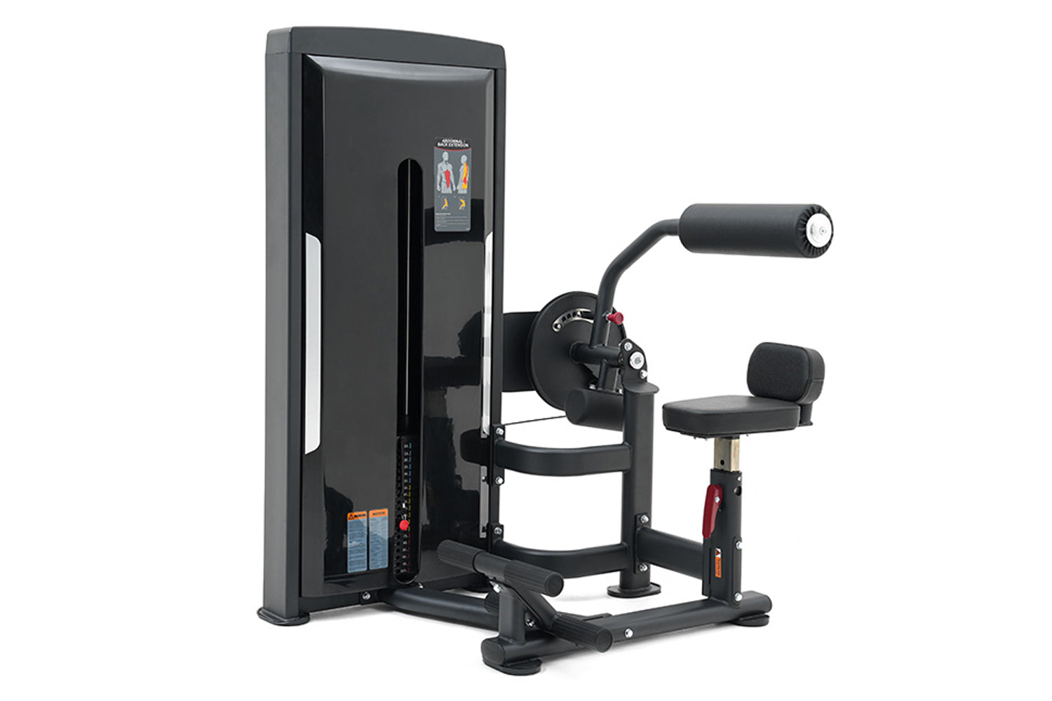 Warrior Pro Commercial Series black abdominal and back extension machine with digital display screen and padded seat, shown o