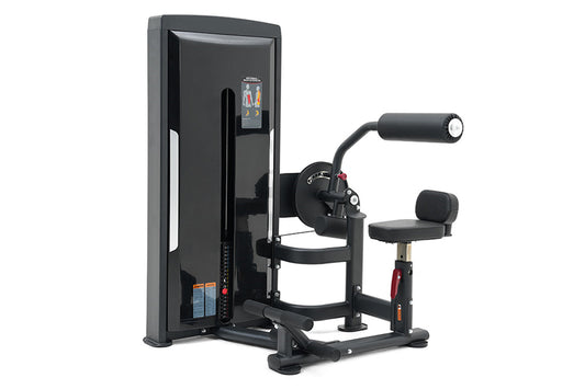 Warrior Pro Commercial Series black abdominal and back extension machine with digital display screen and padded seat, shown o