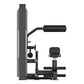 Black and gray commercial abdominal and back extension machine with padded seat, arm lever, and weight stack on white backgro