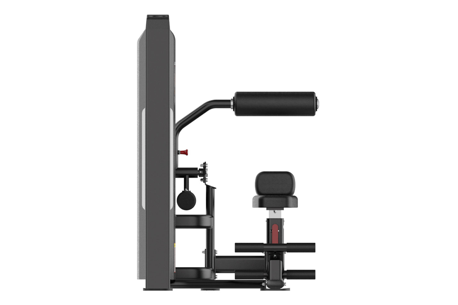 Black and gray commercial abdominal and back extension machine with padded seat, arm lever, and weight stack on white backgro
