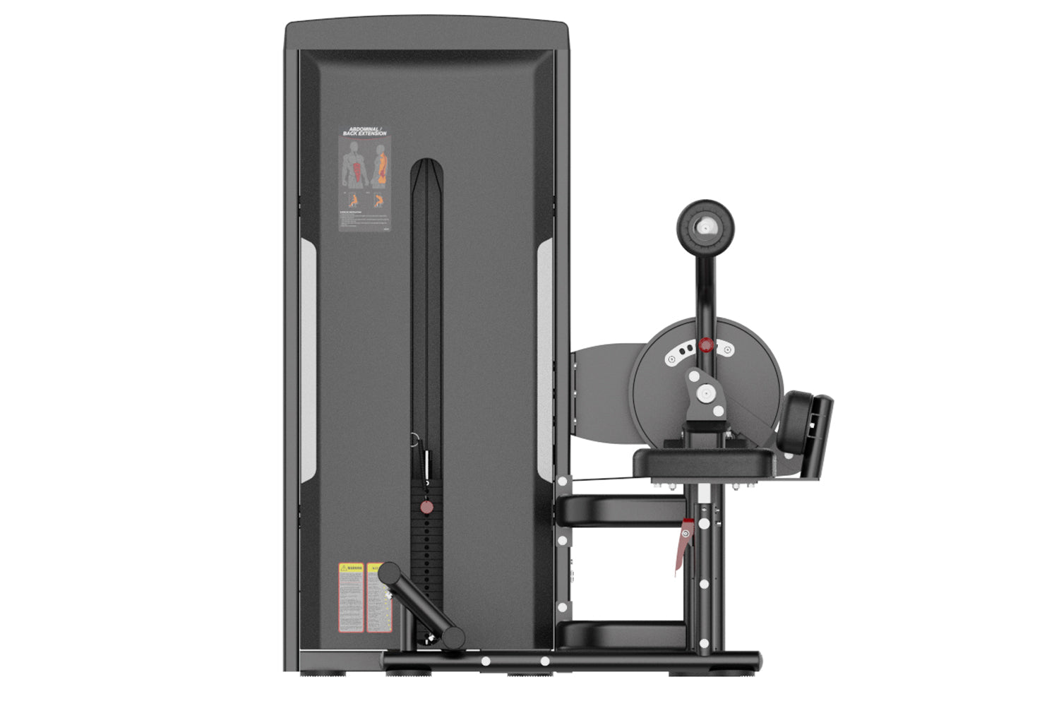 Warrior Pro Commercial Series Abdominal and Back Extension machine with gray frame, weight plate storage, and instruction cha