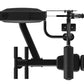 Black commercial abdominal and back extension machine with padded seat, foot plate, and adjustable arm supports on white back