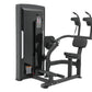 Black commercial abdominal crunch machine with padded seat, backrest, and leg extension handles on white background