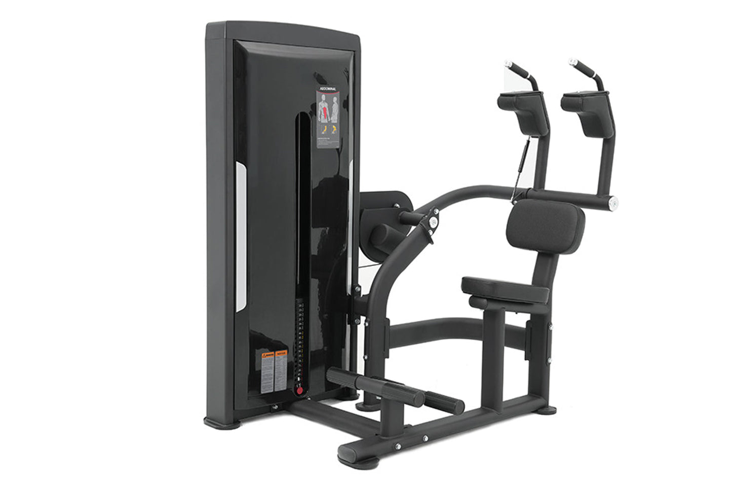 Black commercial abdominal crunch machine with padded seat, backrest, and leg extension handles on white background