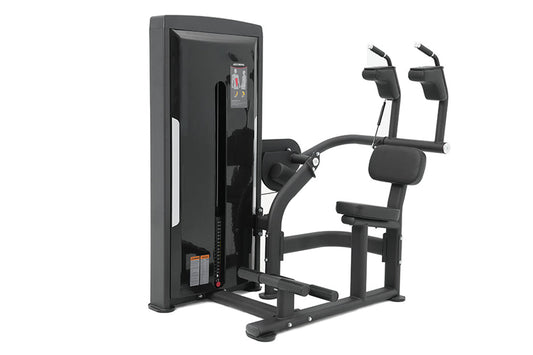 Black commercial abdominal crunch machine with padded seat, backrest, and leg extension handles on white background