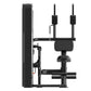 Black multi-functional weight bench with padded seat and back support, dual vertical handles, and leg extension attachment on