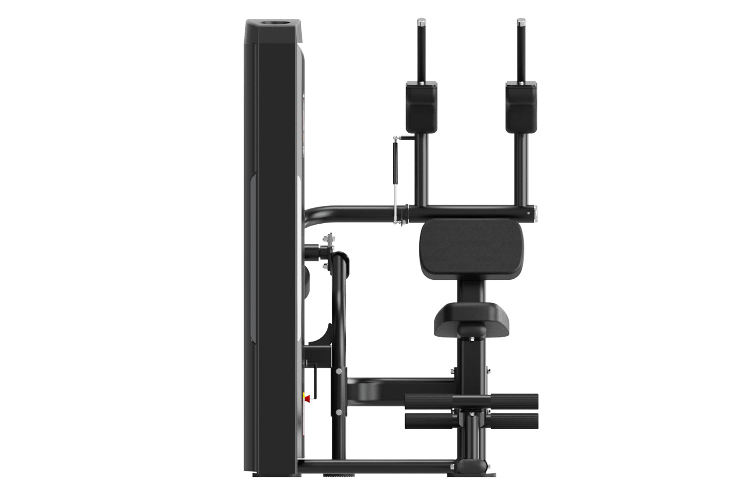 Black multi-functional weight bench with padded seat and back support, dual vertical handles, and leg extension attachment on