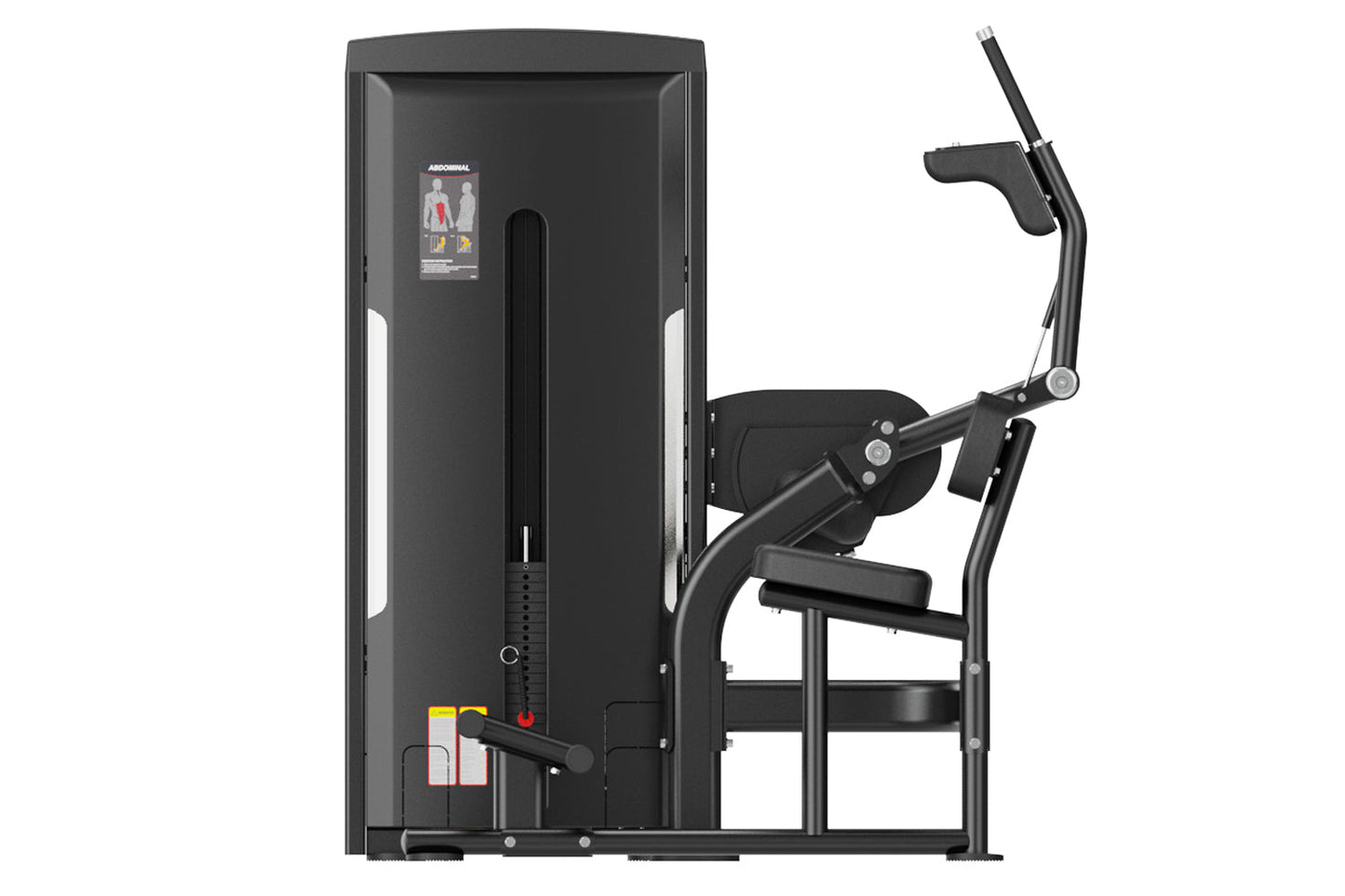 Black Warrior Pro commercial abdominal crunch machine with padded seat, adjustable arm handles, and instruction label on whit