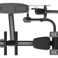 Black commercial abdominal crunch machine with gray control panel, padded footrest, and curved arm attachment on white backgr