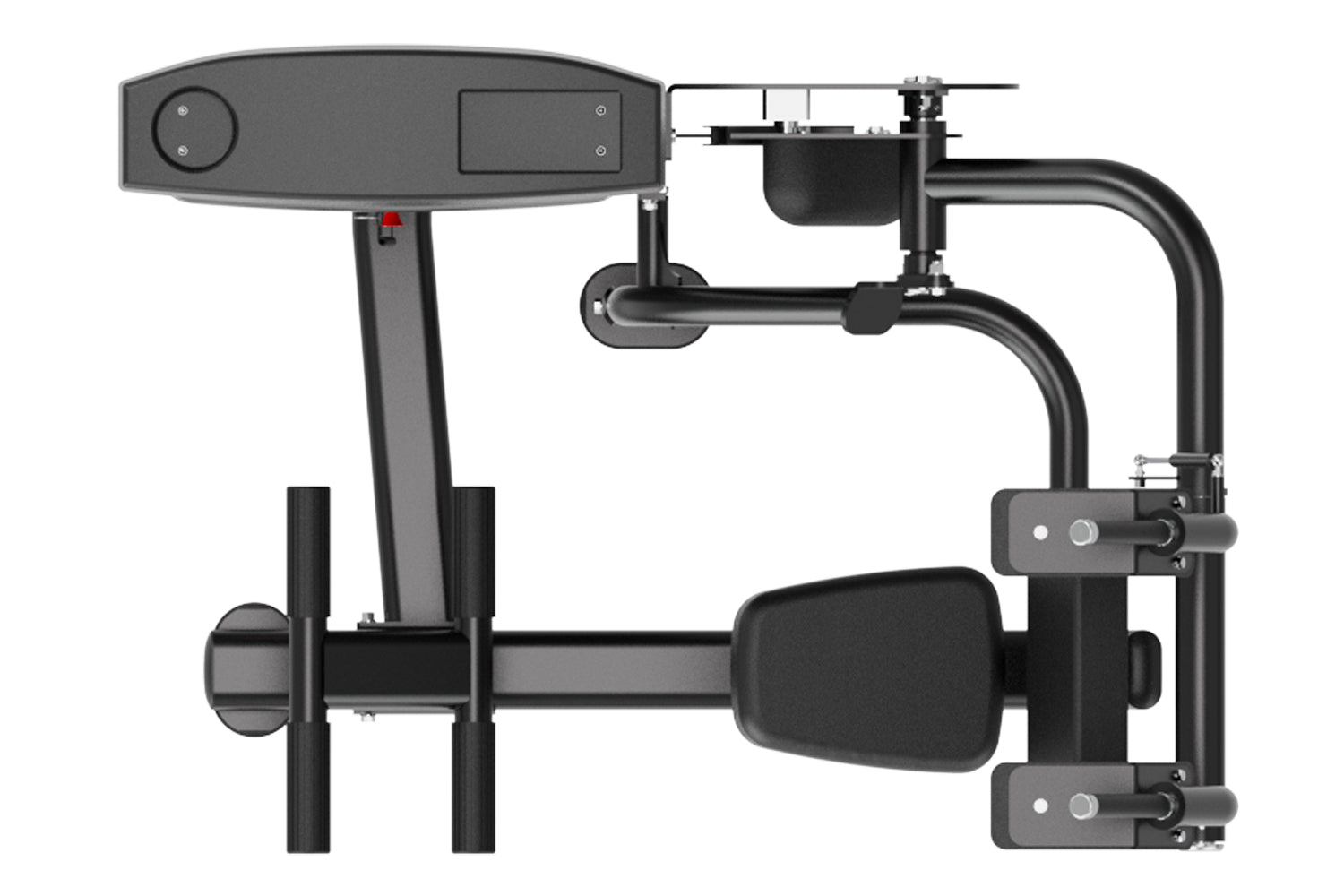 Black commercial abdominal crunch machine with gray control panel, padded footrest, and curved arm attachment on white backgr