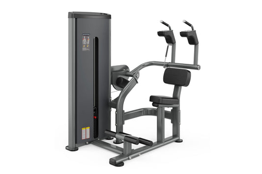 Gray and black commercial abdominal crunch machine with padded seat and leg extension, on white background