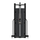 Black commercial pulley machine with dual cable system, metal frame, and adjustable settings on white background