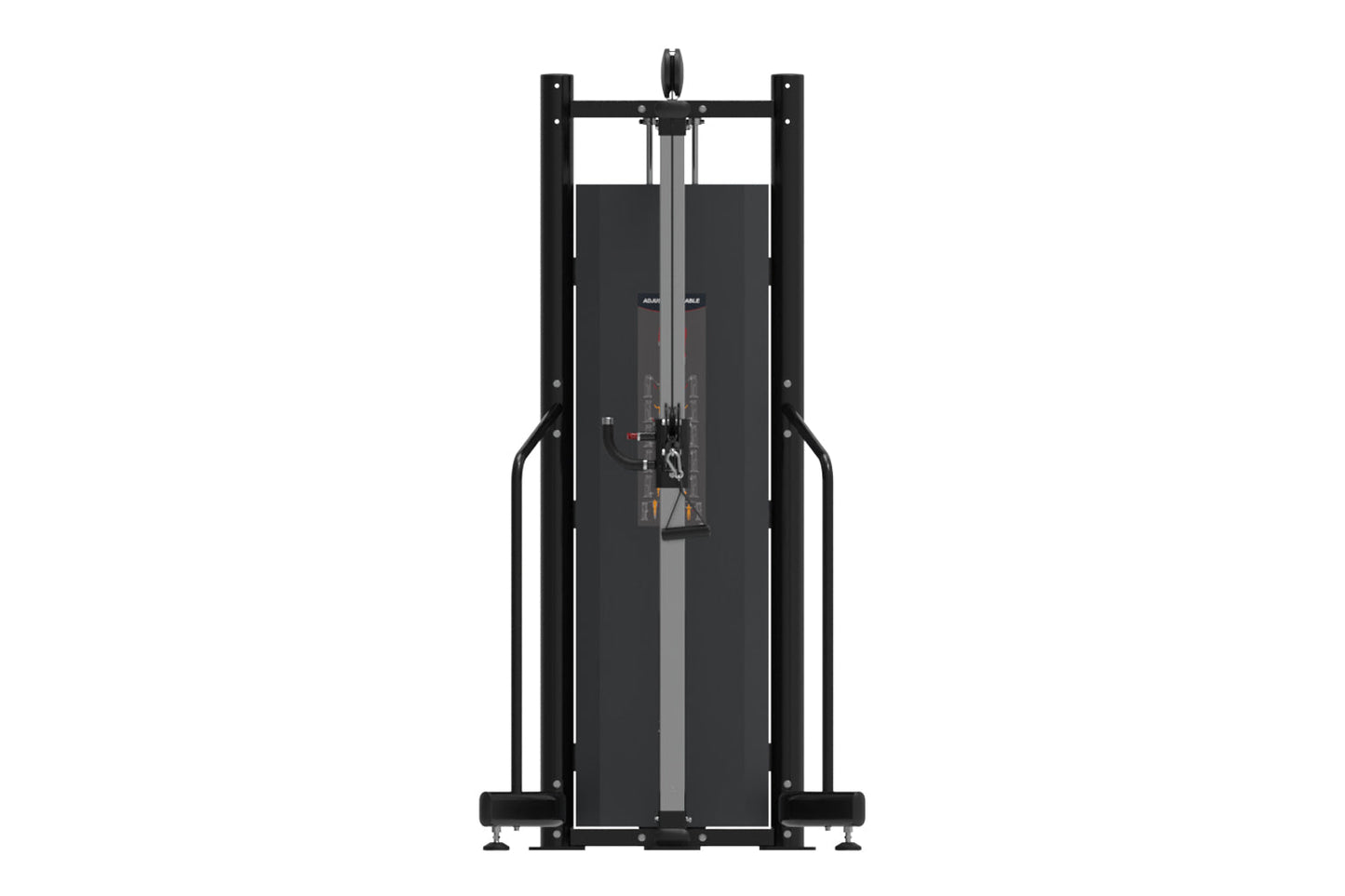 Black commercial pulley machine with dual cable system, metal frame, and adjustable settings on white background
