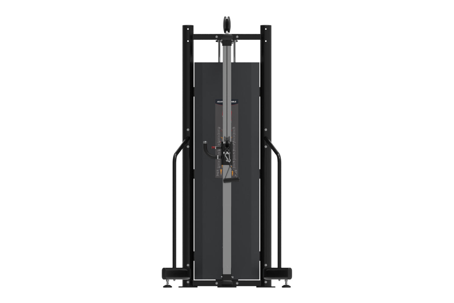 Black commercial pulley machine with dual cable system, metal frame, and adjustable settings on white background