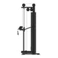 Black adjustable pulley exercise machine with dual weight stacks, cable system, and foot platform on white background