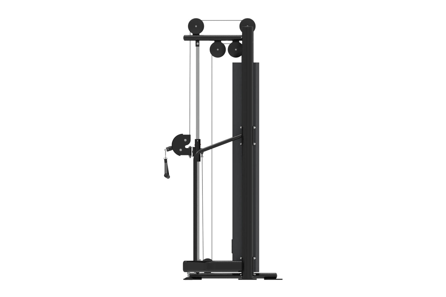 Black adjustable pulley exercise machine with dual weight stacks, cable system, and foot platform on white background